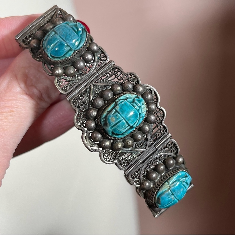 Antique Art Deco Sterling Silver Egyptian turquoise Scarab Beetle wide Bracelet - Picture 15 of 17